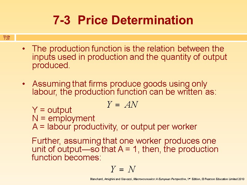7-3  Price Determination Y = output N = employment A = labour productivity,
